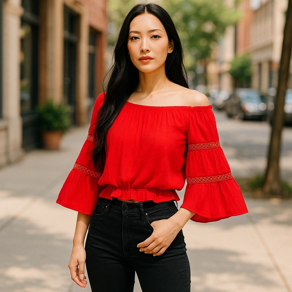 BKE Red Smocked Blouse with Bell Sleeves
